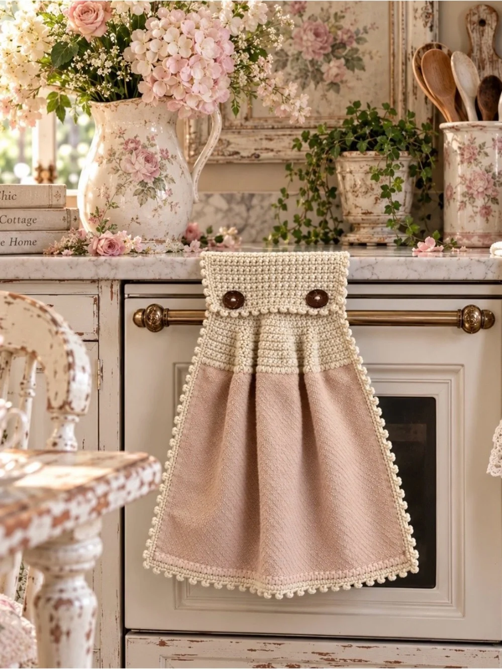 Handmade Neutral Beige Crochet Hanging Kitchen Towel